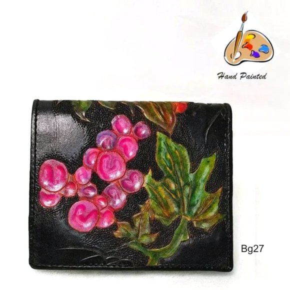 Hand Painted Wallet Red Motif Black Genuine Leather Coin Purse Bifold Cardholder - Picture 1 of 10